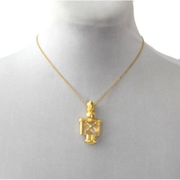 Vintage Nutcracker Toy Soldier Pendant Necklace Crystal Gold Tone Christmas - Picture 2 of 8